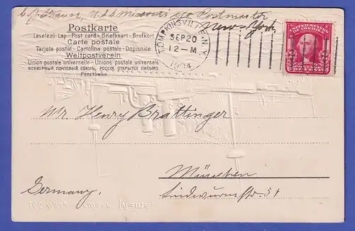 USA 1904 Prägebildpostkarte Kriegsschiff Maine O TOMPKINSVILLE nach München