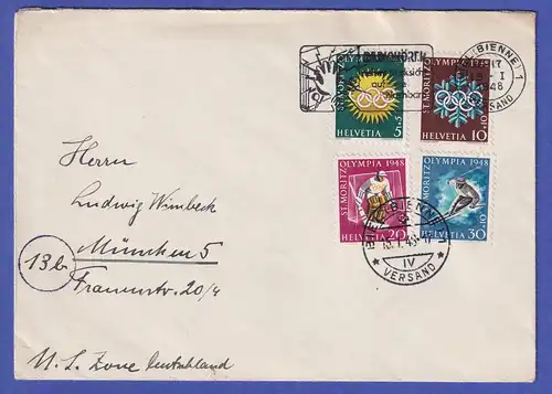 Schweiz 1948 Olympiade St. Moritz Mi.-Nr. 492-495 x O BIEL auf FDC nach München