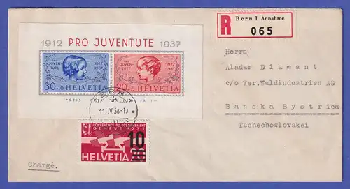 Schweiz 1937 Pro Juventute Mi.-Nr. Block 3 O BERN auf R-Brief in die ČSSR