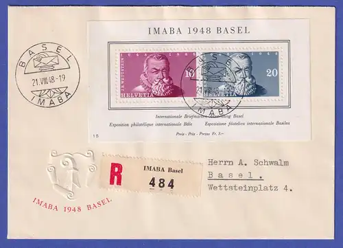 Schweiz 1948 IMABA BASEL Mi.-Nr. Block 13 auf R-FDC innerhalb von Basel