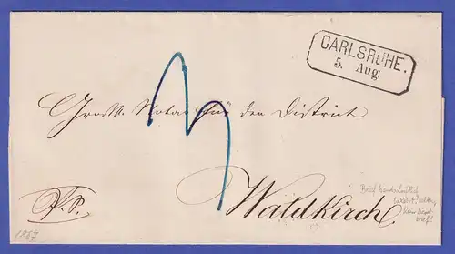 Baden 1867 Brief mit Achteckstempel CARLSRUHE. handschriftlich taxiert
