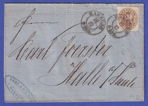 Preußen 1865 Mi.-Nr. 18 a auf Brief O HAMBURG gelaufen nach Halle/Saale