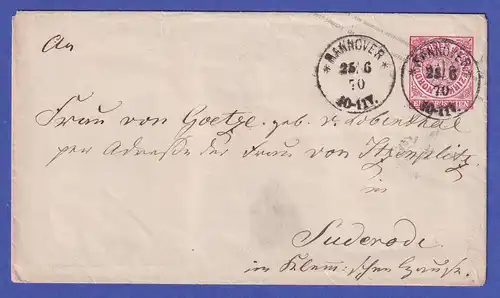 Norddeutscher Bund 1870 GA Umschlag O HANNOVER gelaufen nach Suderode