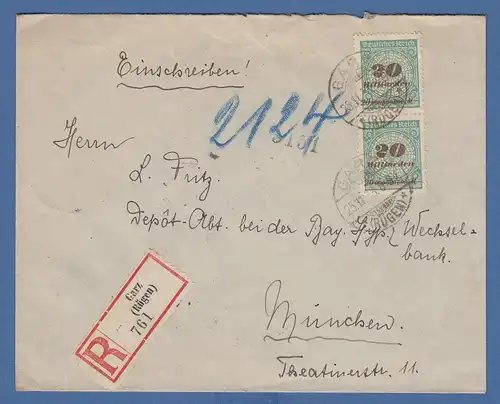 Dt. Reich Infla Mi.-Nr. 329A als MEF auf R-Brief GARZ / RÜGEN 25.11.23 n München