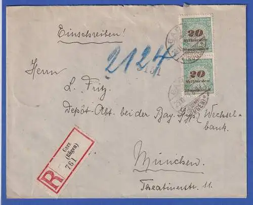 Dt. Reich Infla Mi.-Nr. 329A als MEF auf R-Brief GARZ / RÜGEN 25.11.23 n München