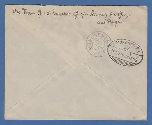 Dt. Reich Infla Mi.-Nr. 329A als MEF auf R-Brief GARZ / RÜGEN 25.11.23 n München