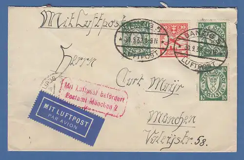 Danzig 1932 Flugpostbrief mit Mi.-Nr. 194xb (3) und 202  gel. n. München