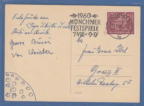 Bund 1960 Mi.-Nr. 331 auf Ausl.-Postkarte  von München n. Graz / Österreich