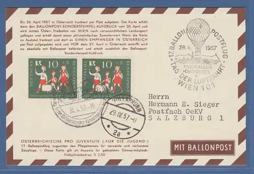Bund 1957 Jugend Mi.-Nr. 250 MEF auf Ballonpost-Karte von LORCH nach Salzburg
