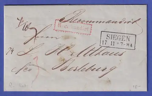 Preußen 1852 R-Brief mit schwarzem Rechteckstempel SIEGEN und rotem R-Stempel
