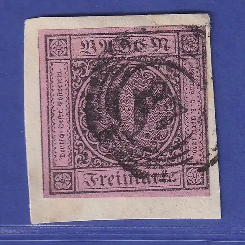 Baden 9 Kr schwarz auf lilarosa  Mi.-Nr. 4 b gestempelt auf Briefstück
