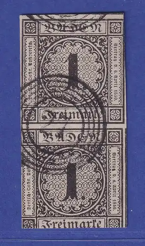 Baden 1 Kr schwarz auf weiß  Mi.-Nr. 5 senkrechtes Paar gestempelt