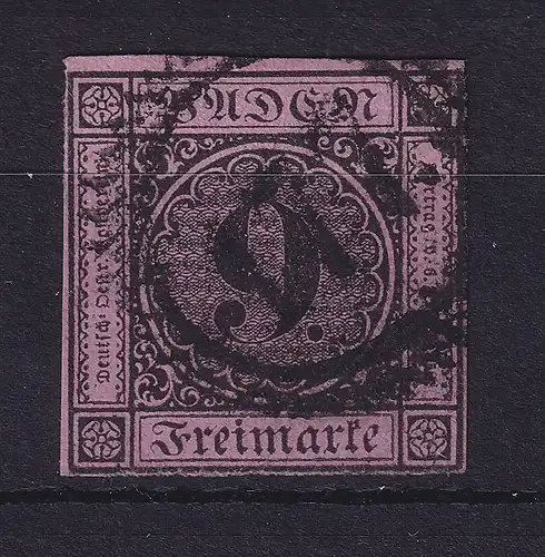 Baden 9 Kr schwarz auf rosa Mi.-Nr. 4 b  O Karlsruhe Stadtpost