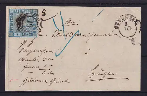 Baden 3 Kr preußischblau Mi.-Nr. 10 a  O Bruchsal auf Briefstück