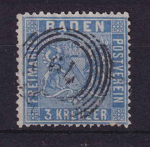 Baden 3 Kreuzer ultramarin Mi.-Nr. 10 b  mit Nummernstempel 79 LAHR