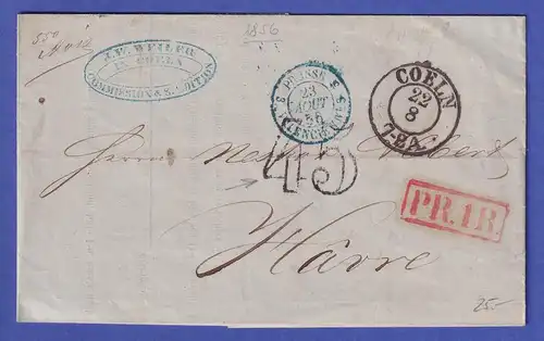 Preußen 1856 Brief von Köln nach Le Havre mit diversen Stempeln