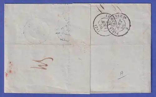 Preußen 1856 Brief von Köln nach Le Havre mit diversen Stempeln