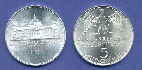 Bundesrepublik 5DM Silber-Gedenkmünze 1971, Reichsgründung 1871,Reichstag Berlin