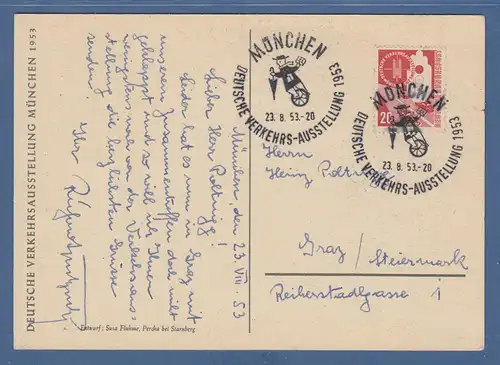 Bund 1953 20Pfg Verkehrsausstellung Mi.-Nr. 169 als EF auf Auslands-Postkarte