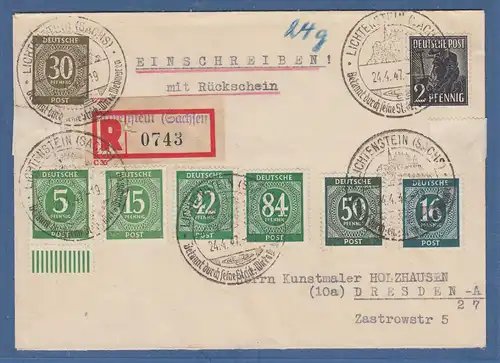 All.Bes 244Pfg auf R-Brief mit Rückschein gel. 1947 v. Lichtenstein nach Dresden