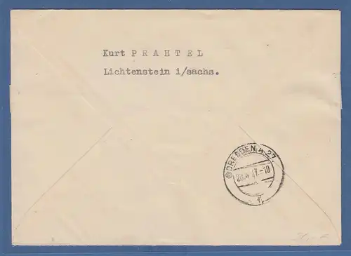 All.Bes 244Pfg auf R-Brief mit Rückschein gel. 1947 v. Lichtenstein nach Dresden