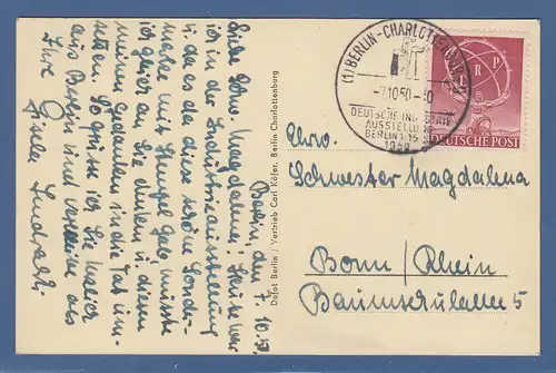 Berlin ERP 20Pfg. Mi.-Nr. 71 mit So-O Industrie-Ausstellung 1950 auf gel. Karte