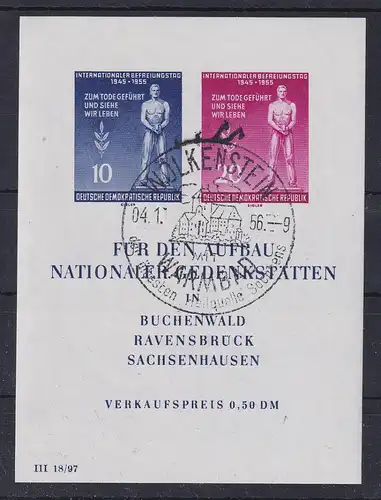 DDR 1955 Gedenkstätten-Block Mi.-Nr. Block 11 mit Orts-Werbe-O WOLKENSTEIN