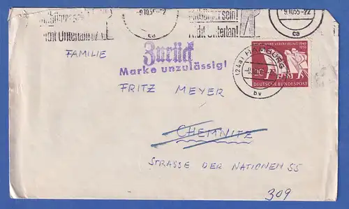 Bund-DDR Postkrieg Brief mit Mi.-Nr. 215 Vertriebene, O zurück Marke unzulässig