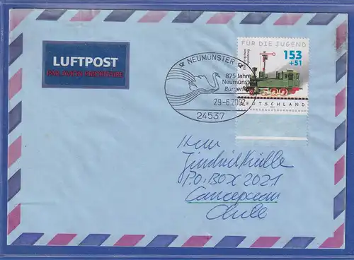 Bund 2002 Eisenbahn 153Pfg-Wert auf Lp-Brief mit So.-O NEUMÜNSTER gel nach Chile