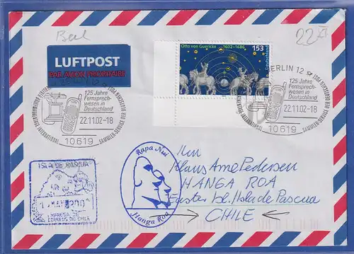 Bund 2002 Guericke 153Pfg auf Lp-Brief mit So-O BERLIN gel nach Chile Osterinsel
