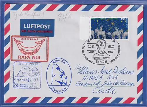 Bund 2002 Guericke 153Pfg auf Lp-Brief mit So-O STRALSUND gel nach Chile 
