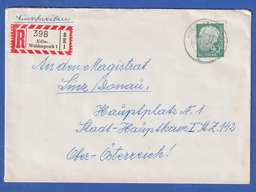 Bund Heuss II 90Pfg-Wert Mi-Nr. 265 auf R-Brief von Köln nach Österreich