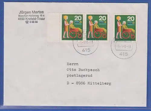 Bund 1970 Hilfsdienste 20Pfg Mi-Nr 631 3-fach auf Brief. n. Mittelberg Kleinw.