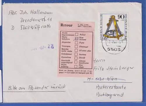 Bund 1981 Jugend 90Pfg Mi-Nr 1093 EF ab WÜLFRATH auf Retour-Bf. n. Wien. 
