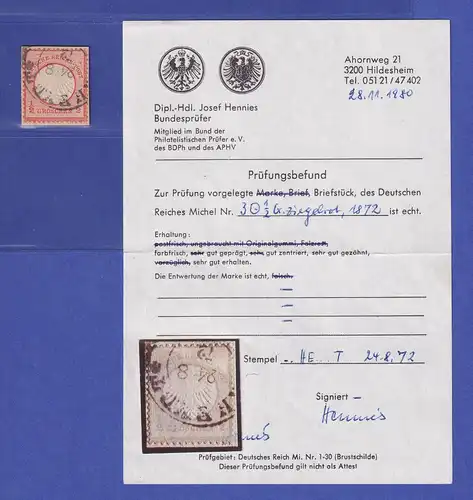 Dt. Reich kl. Brustschild 1/2 Gr  Mi.-Nr. 3 O auf Briefstück Befund HENNIES BPP