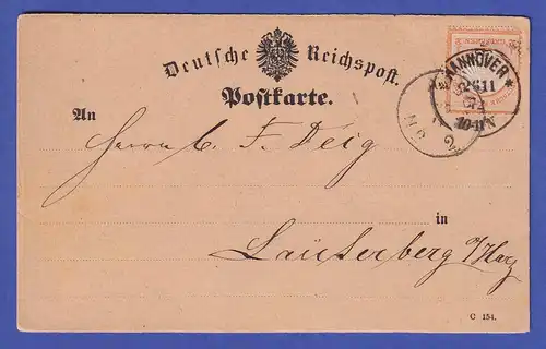 Dt. Reich 1874 Mi.-Nr. 14 als EF auf Postkarte mit O HANNOVER nach Lauterberg