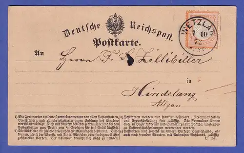 Dt. Reich 1872  Mi.-Nr. 14 als EF auf Postkarte mit O WETZLAR nach Hindelang