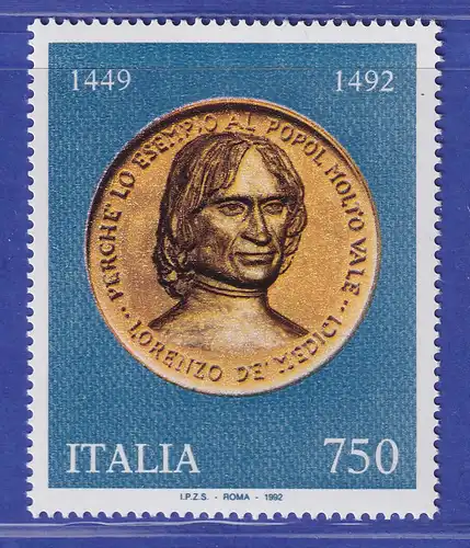 Italien 1992 Lorenzo de` Medici  (1449-1492).  Mi-Nr. 2207 **