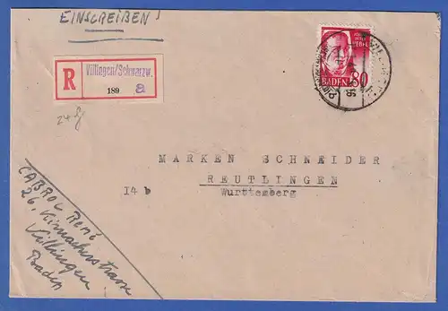 Franz. Zone Baden 80er Mi.-Nr. 36  auf R-Brief von Villingen nach Reutlingen