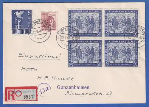 Währungsreform 1948 Orts-R-Brief aus GUNZENHAUSEN mit u.a 5 Mark Mi.-Nr. 962