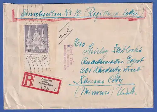 Bizone Bauten 2Mark Type I Mi.-Nr. 98 als EF auf R-Brief in die USA