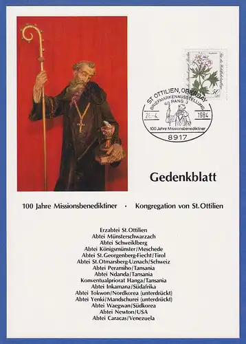 100 Jahre Missionsbenediktiner St. Ottilien Gedenkblatt mit So-O und Mi.-Nr. 703