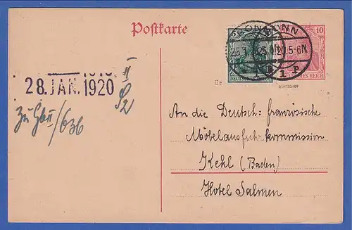 Dt. Reich Germania Mi.-Nr. 85 II e als Zufrankatur auf GA-Karte 10Pfg. O BONN 