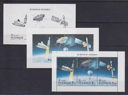 Schweden 1991 Europa-CEPT Raumfahrt Mi.-Nr. 1663-65 und 2 Phasendrucke **