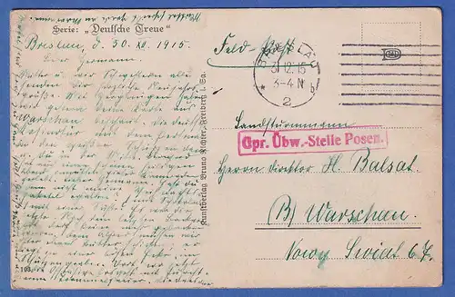 Dt. Bes.1.WK Polen Stadtpost Warschau Mi.-Nr. 8 rücks. auf zens. Postkarte