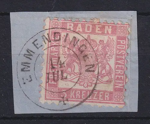 Baden 3 Kreuzer hellrot  Mi.-Nr. 18  O EMMENDINGEN auf Briefstück.
