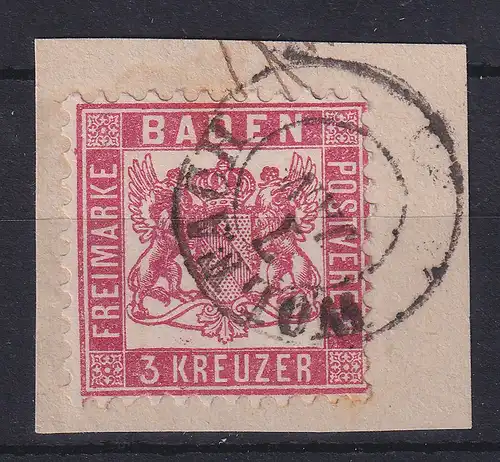 Baden 3 Kreuzer rot Mi.-Nr. 18  O WOLFACH auf Briefstück