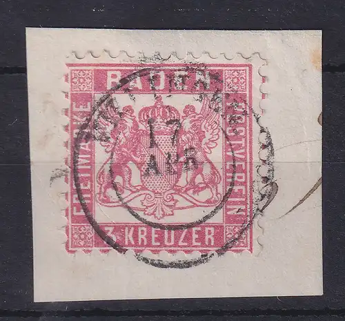 Baden 3 Kreuzer rot Mi.-Nr. 18  O VILLINGEN auf Briefstück