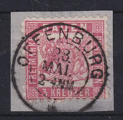 Baden 3 Kreuzer rot Mi.-Nr. 18  O OFFENBURG auf Briefstück