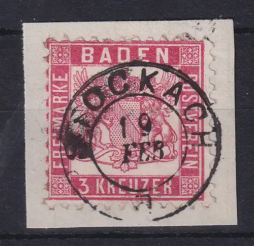 Baden 3 Kreuzer rot Mi.-Nr. 18  O STOCKACH auf Briefstück